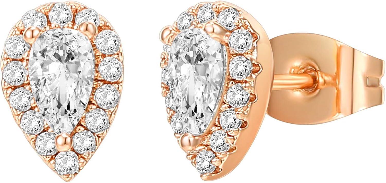 imagePAVOI 14K Gold Plated 925 Sterling Silver Post Brilliant Round Faux Diamond Halo Earrings Premium Cubic Zirconia in Rose White and Yellow GoldRose Gold