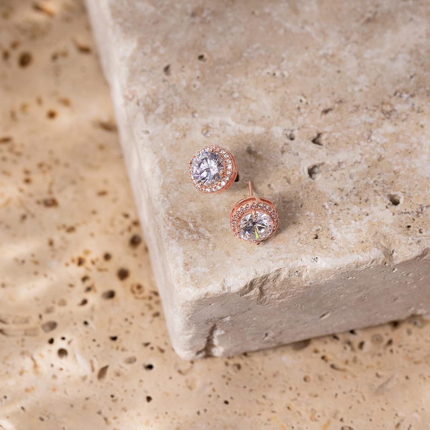 imagePAVOI 14K Gold Plated 925 Sterling Silver Post Brilliant Round Faux Diamond Halo Earrings Premium Cubic Zirconia in Rose White and Yellow GoldRose Gold