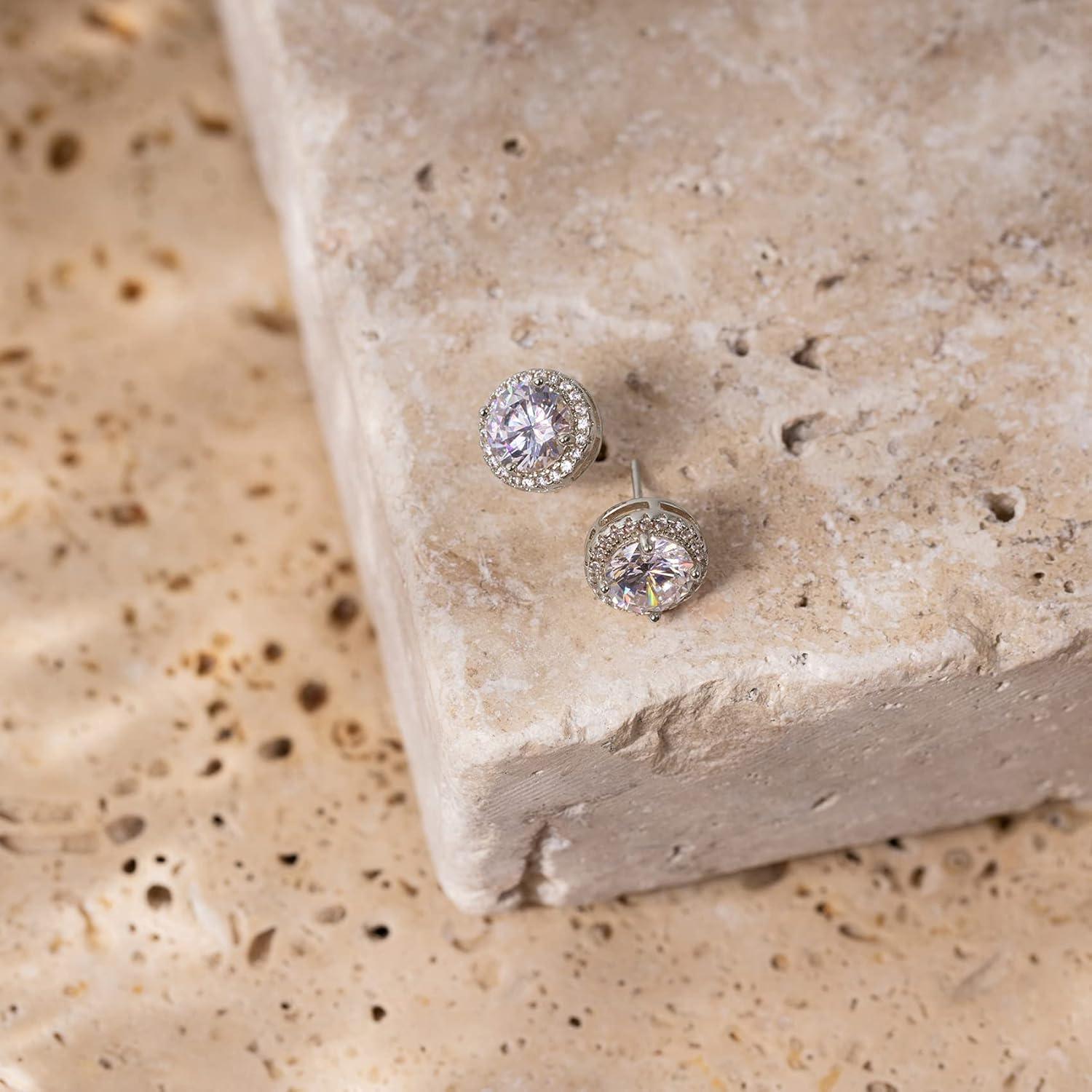 imagePAVOI 14K Gold Plated 925 Sterling Silver Post Brilliant Round Faux Diamond Halo Earrings Premium Cubic Zirconia in Rose White and Yellow GoldWhite Gold