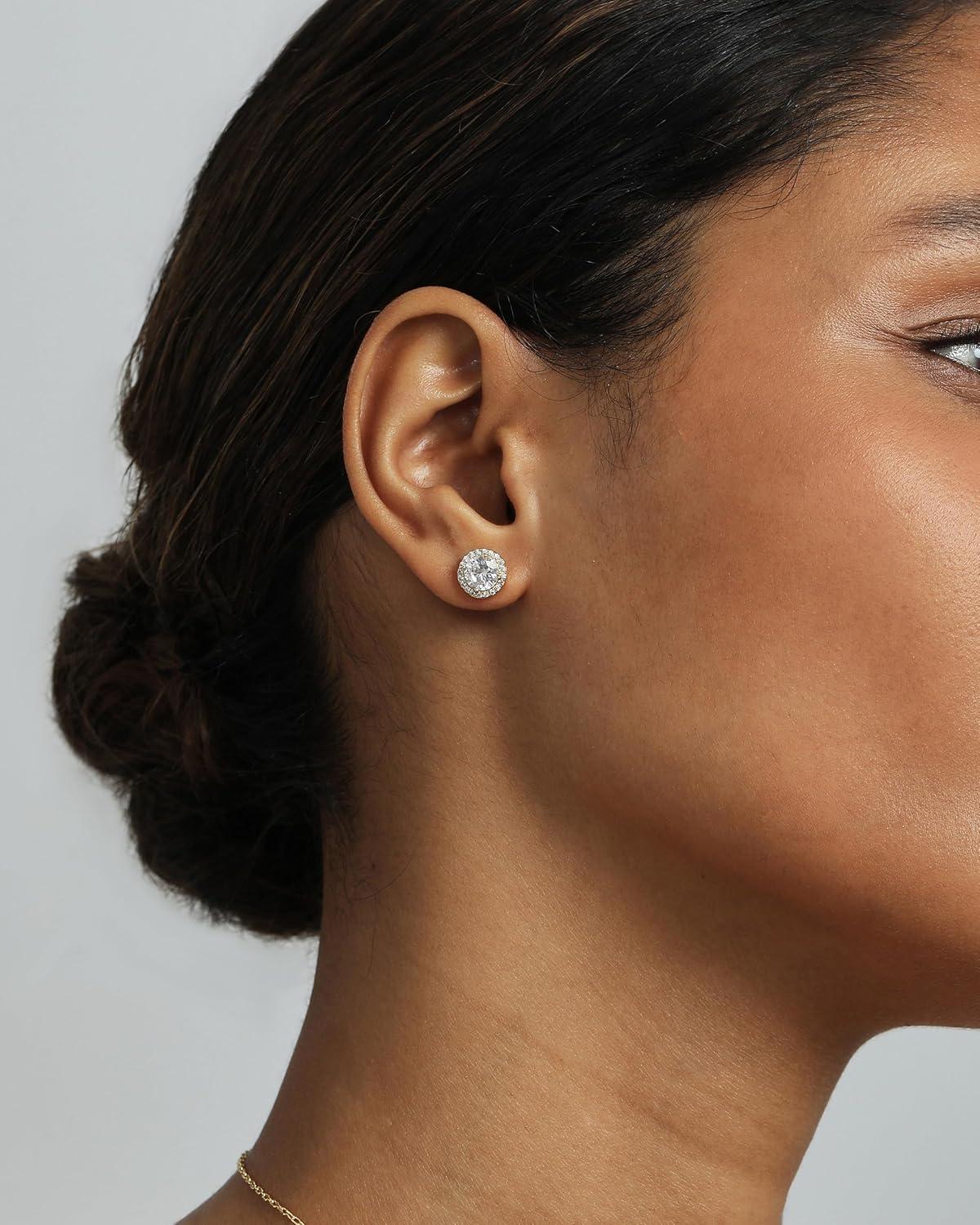 imagePAVOI 14K Gold Plated 925 Sterling Silver Post Brilliant Round Faux Diamond Halo Earrings Premium Cubic Zirconia in Rose White and Yellow GoldWhite Gold