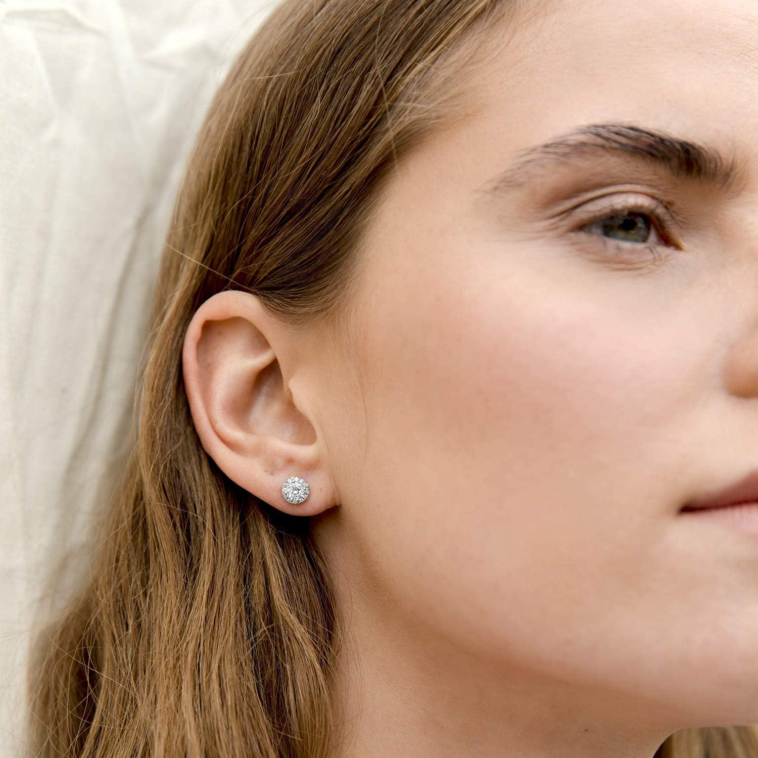 imagePAVOI 14K Gold Plated 925 Sterling Silver Post Brilliant Round Faux Diamond Halo Earrings Premium Cubic Zirconia in Rose White and Yellow GoldWhite Gold