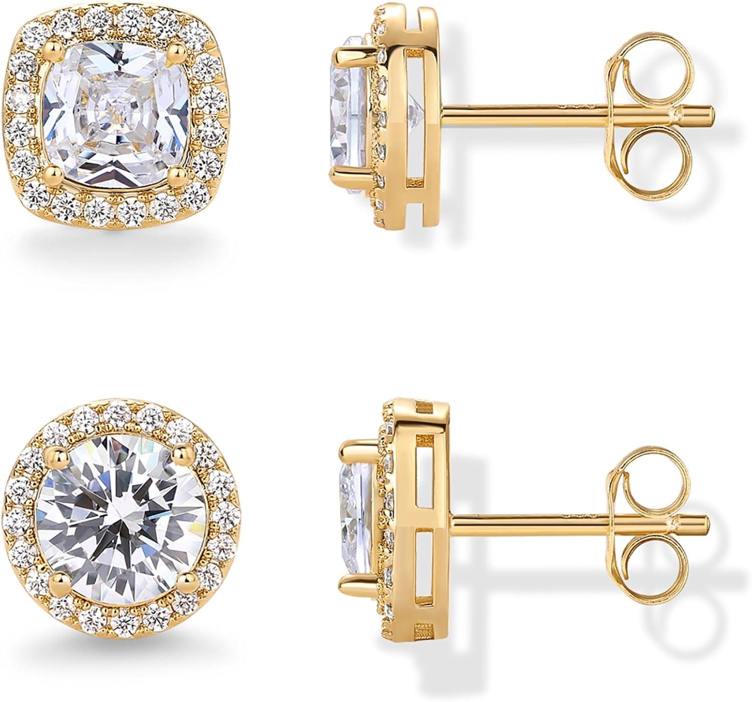 imagePAVOI 14K Gold Plated 925 Sterling Silver Post Brilliant Round Faux Diamond Halo Earrings Premium Cubic Zirconia in Rose White and Yellow GoldYellow Gold