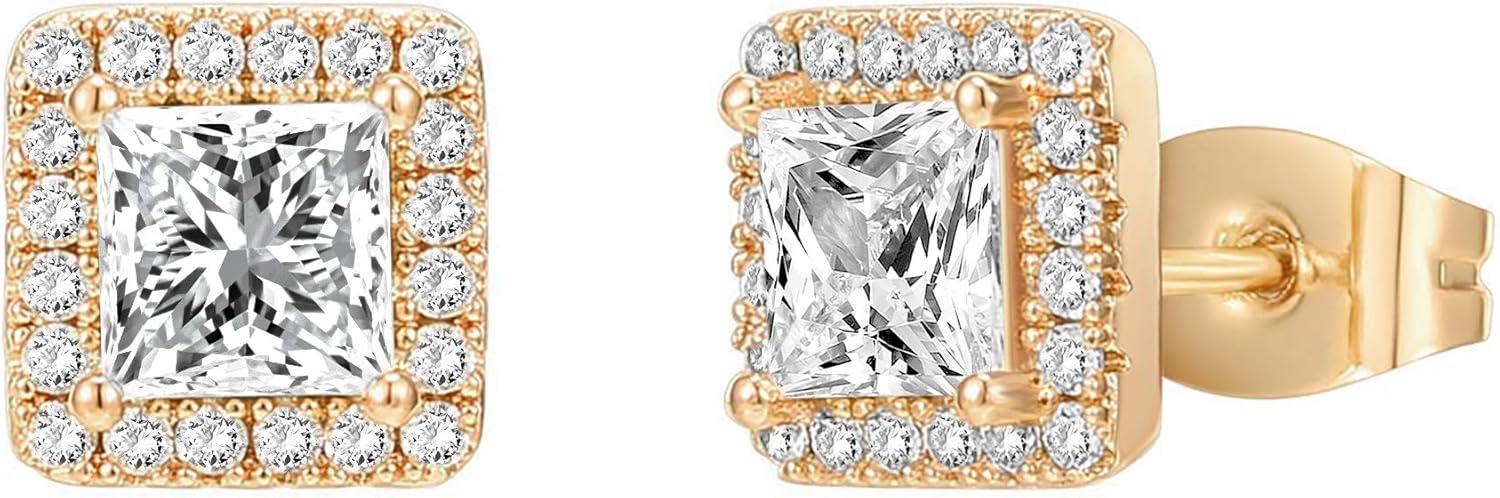 imagePAVOI 14K Gold Plated 925 Sterling Silver Post Brilliant Round Faux Diamond Halo Earrings Premium Cubic Zirconia in Rose White and Yellow GoldYellow Gold