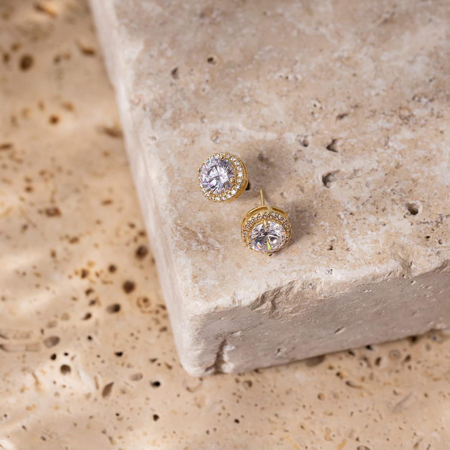 imagePAVOI 14K Gold Plated 925 Sterling Silver Post Brilliant Round Faux Diamond Halo Earrings Premium Cubic Zirconia in Rose White and Yellow GoldYellow Gold