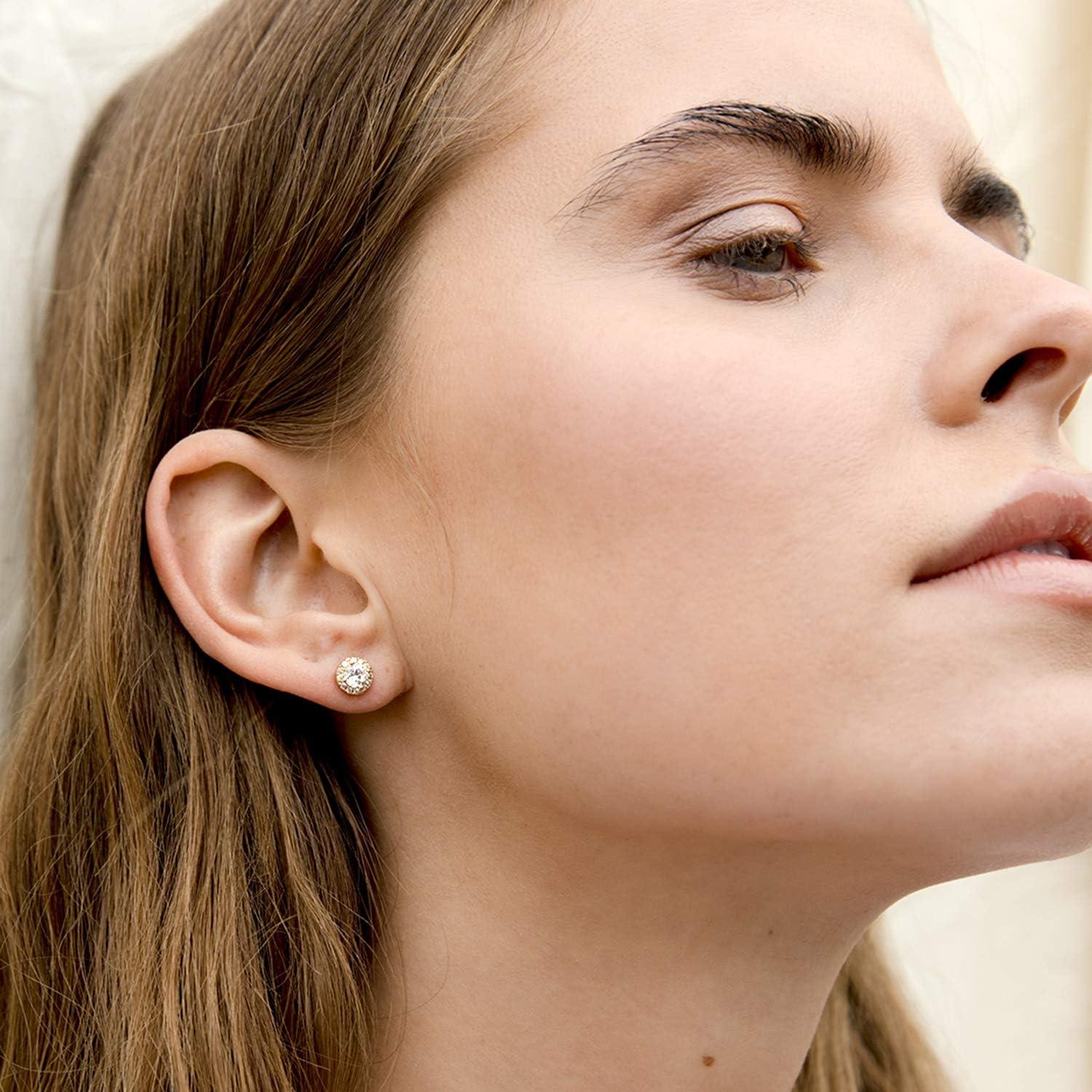 imagePAVOI 14K Gold Plated 925 Sterling Silver Post Brilliant Round Faux Diamond Halo Earrings Premium Cubic Zirconia in Rose White and Yellow GoldYellow Gold