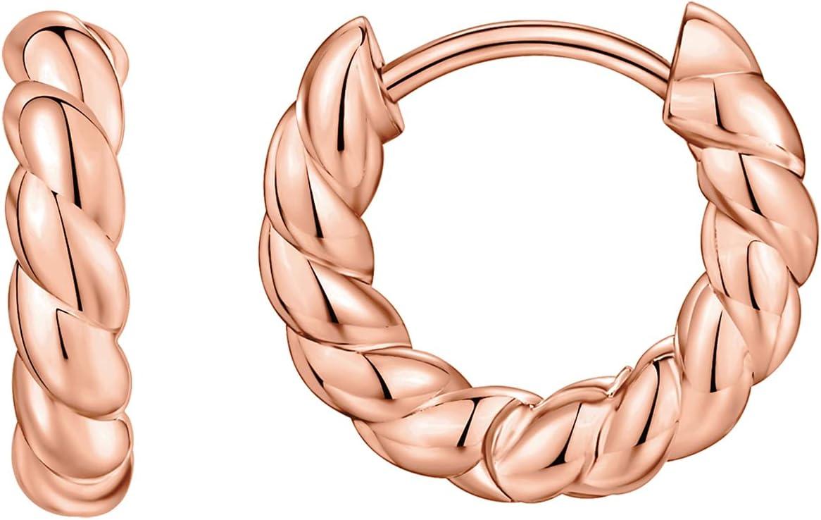 imagePAVOI 14K Gold Plated 925 Sterling Silver Post Twisted Huggie Earring Womens Mini Hoop EarringsRose Gold