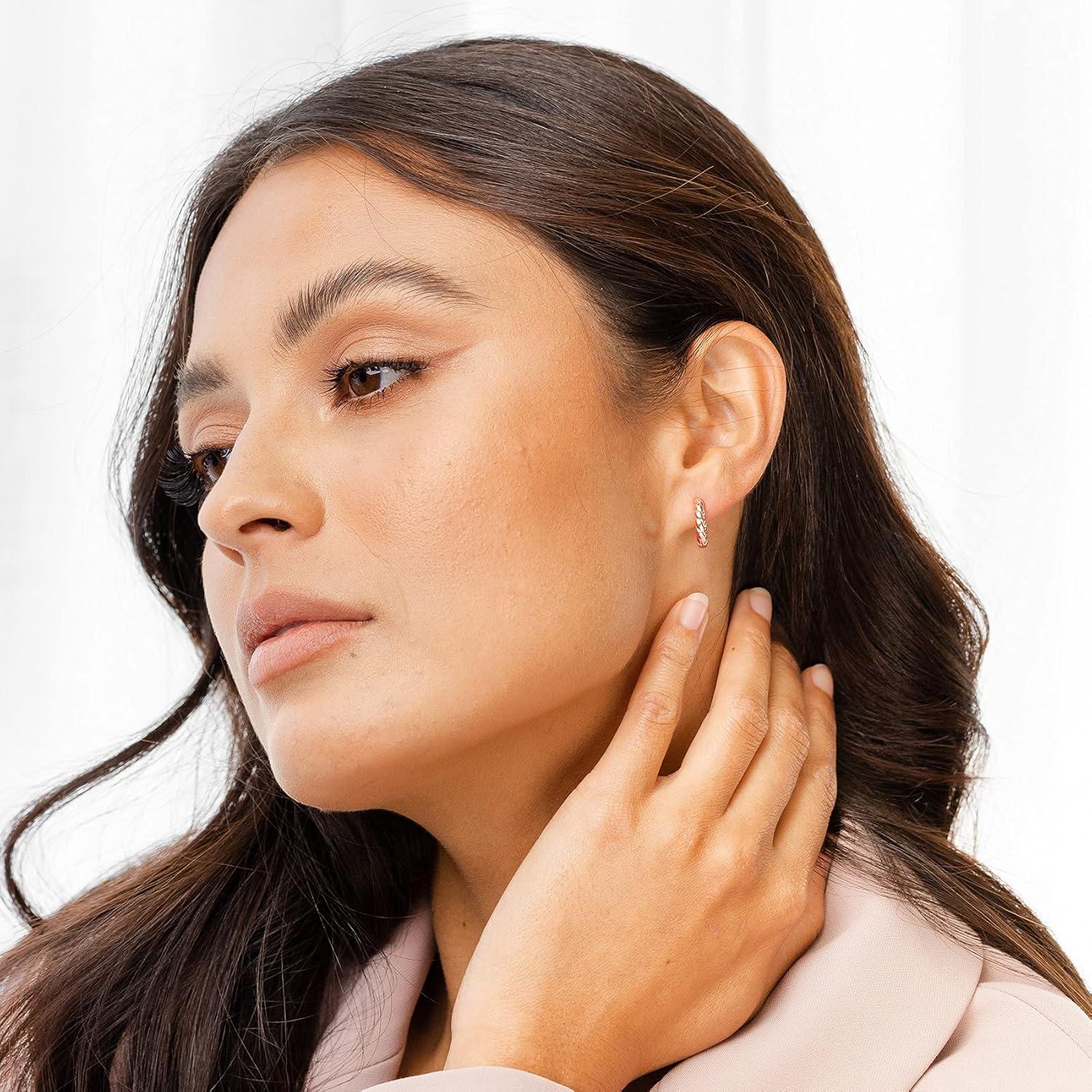 imagePAVOI 14K Gold Plated 925 Sterling Silver Post Twisted Huggie Earring Womens Mini Hoop EarringsRose Gold