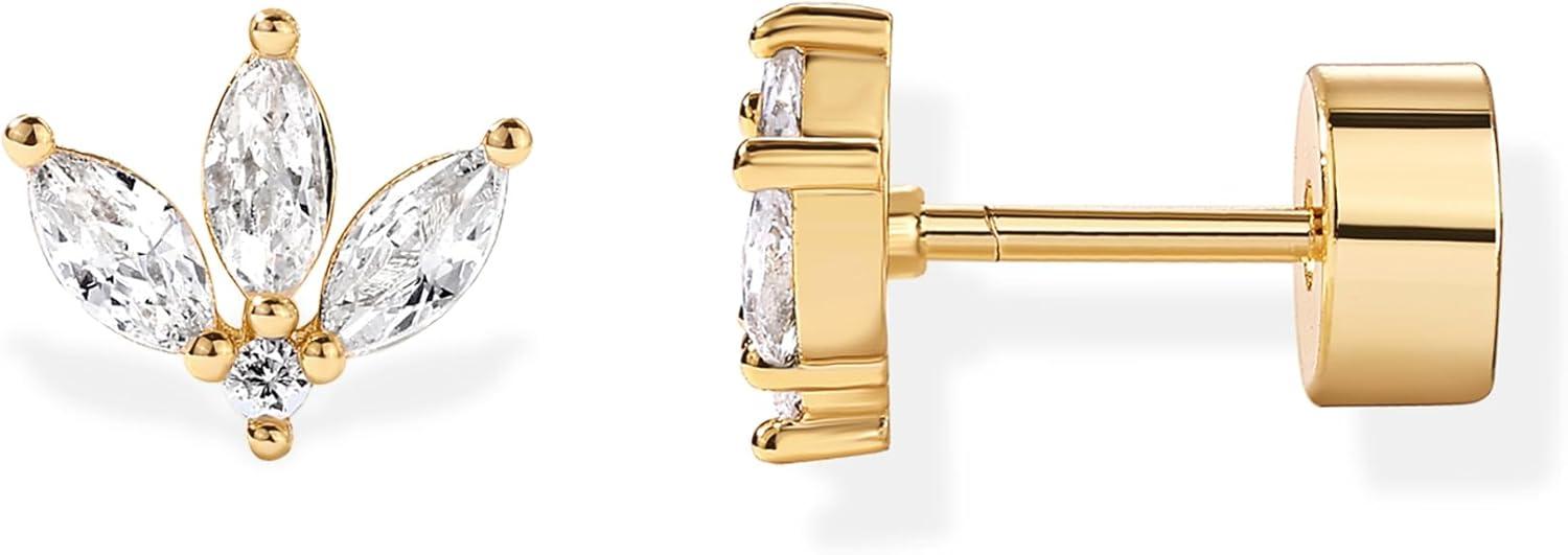 imagePAVOI 14K Gold Plated 925 Sterling Silver Posts Mini Stud Flat Back Earrings for Women Helix Cartilage Piercing Jewelry Dainty Pearl Star Cluster Cubic Zirconia Lotus Climber Screw BacksLotus Stud