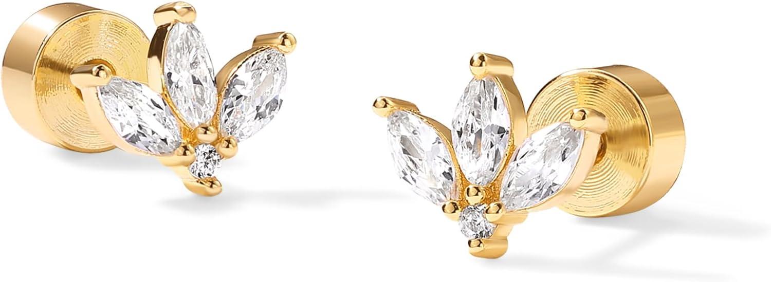 imagePAVOI 14K Gold Plated 925 Sterling Silver Posts Mini Stud Flat Back Earrings for Women Helix Cartilage Piercing Jewelry Dainty Pearl Star Cluster Cubic Zirconia Lotus Climber Screw BacksLotus Stud