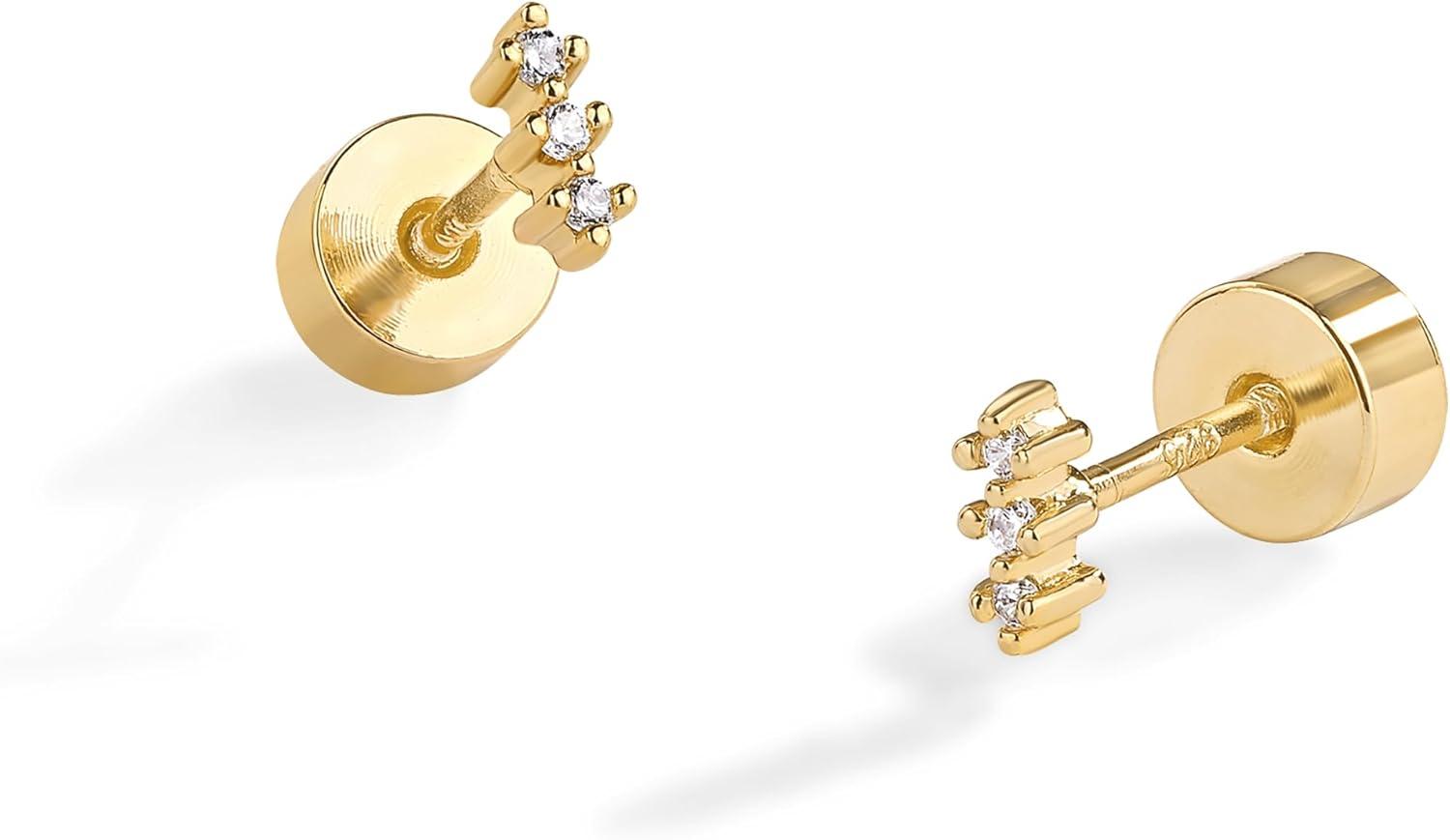 imagePAVOI 14K Gold Plated 925 Sterling Silver Posts Mini Stud Flat Back Earrings for Women Helix Cartilage Piercing Jewelry Dainty Pearl Star Cluster Cubic Zirconia Lotus Climber Screw BacksClimber Stud