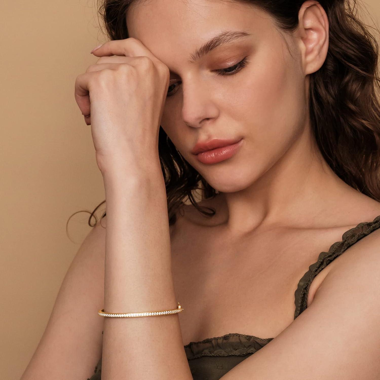 imagePAVOI 14K Gold Plated Cubic Zirconia Bangle Tennis Bracelets for Women Classic Love Cuff Bangle BraceletsYellow Gold