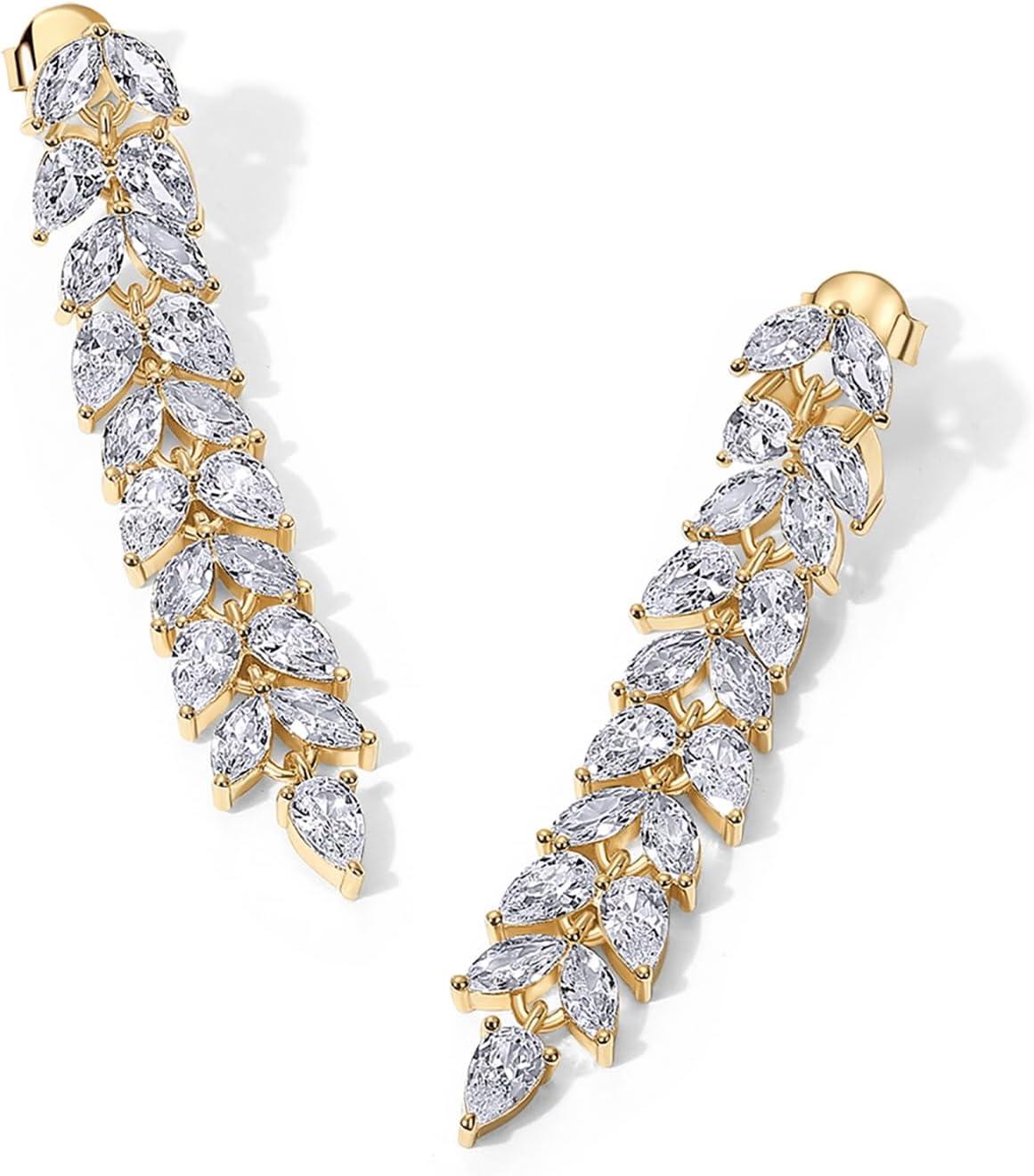 imagePAVOI 14K Gold Plated Cubic Zirconia Dangle Earrings for Women Crystal Long Bridal Drop Earrings Hypoallergenic Simulated Diamond Drop Dangle Wedding Jewelry for Brides and BridesmaidYellow Gold