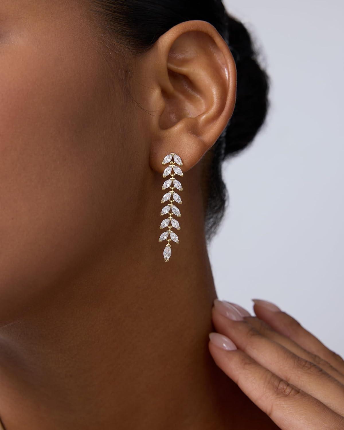 imagePAVOI 14K Gold Plated Cubic Zirconia Dangle Earrings for Women Crystal Long Bridal Drop Earrings Hypoallergenic Simulated Diamond Drop Dangle Wedding Jewelry for Brides and BridesmaidWhite Gold