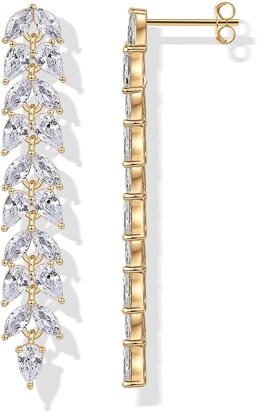 imagePAVOI 14K Gold Plated Cubic Zirconia Dangle Earrings for Women Crystal Long Bridal Drop Earrings Hypoallergenic Simulated Diamond Drop Dangle Wedding Jewelry for Brides and BridesmaidYellow Gold