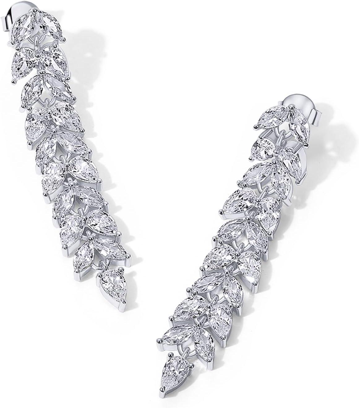 imagePAVOI 14K Gold Plated Cubic Zirconia Dangle Earrings for Women Crystal Long Bridal Drop Earrings Hypoallergenic Simulated Diamond Drop Dangle Wedding Jewelry for Brides and BridesmaidWhite Gold