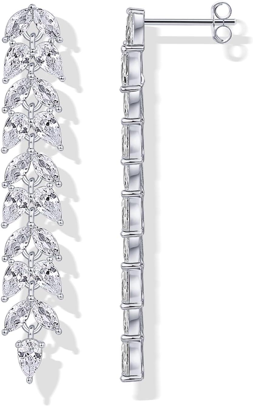 imagePAVOI 14K Gold Plated Cubic Zirconia Dangle Earrings for Women Crystal Long Bridal Drop Earrings Hypoallergenic Simulated Diamond Drop Dangle Wedding Jewelry for Brides and BridesmaidWhite Gold