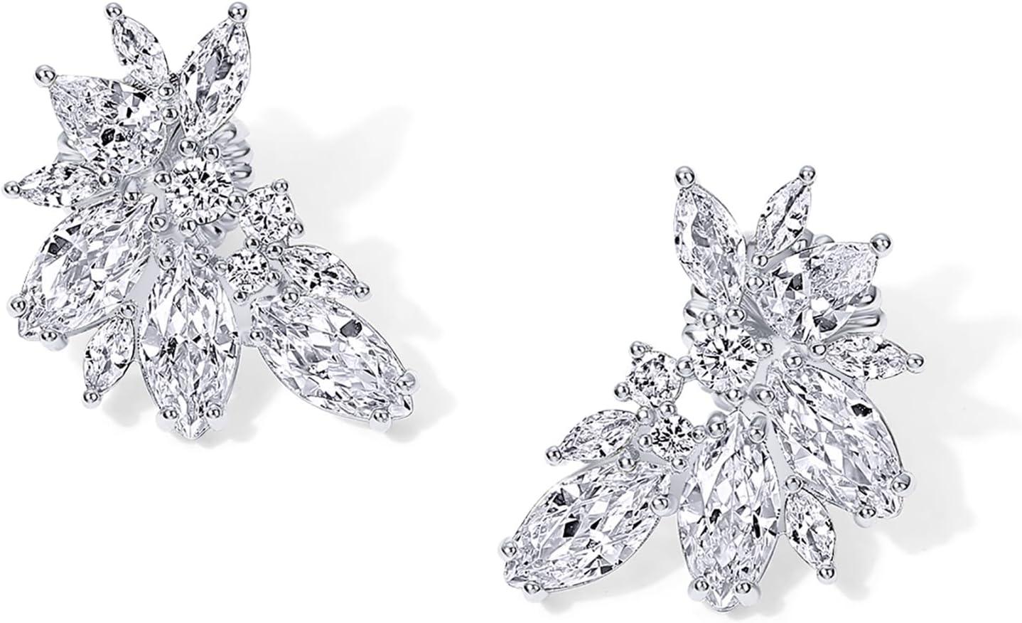 imagePAVOI 14K Gold Plated Cubic Zirconia Stud Earrings for Women 925 Sterling Silver Posts Statement Crystal Cluster Wedding Earrings for Brides ampamp Bridesmaids Trendy CZ Pearl Studs Wedding JewelryWhite Gold