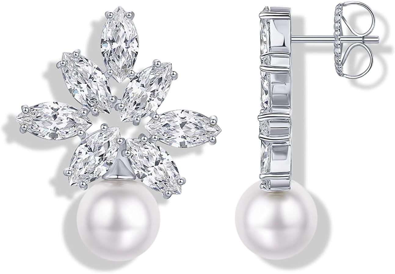 imagePAVOI 14K Gold Plated Cubic Zirconia Stud Earrings for Women 925 Sterling Silver Posts Statement Crystal Cluster Wedding Earrings for Brides ampamp Bridesmaids Trendy CZ Pearl Studs Wedding JewelryWhite Gold