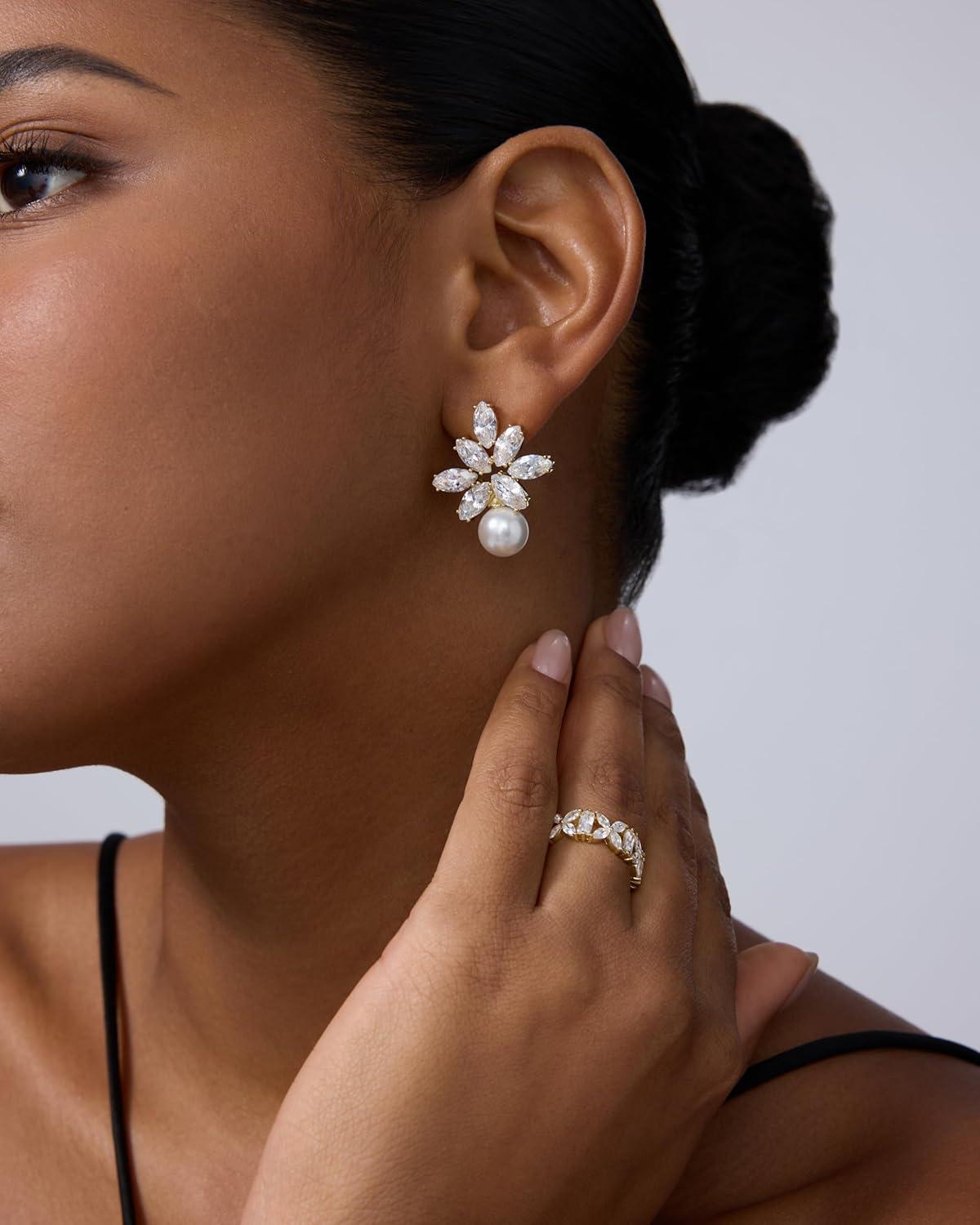 imagePAVOI 14K Gold Plated Cubic Zirconia Stud Earrings for Women 925 Sterling Silver Posts Statement Crystal Cluster Wedding Earrings for Brides ampamp Bridesmaids Trendy CZ Pearl Studs Wedding JewelryWhite Gold