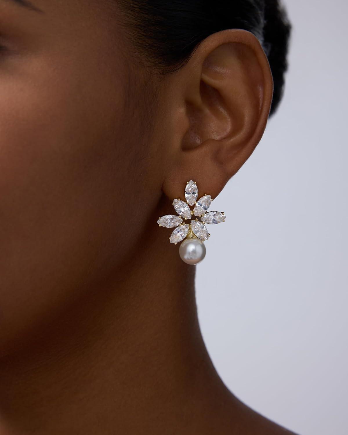 imagePAVOI 14K Gold Plated Cubic Zirconia Stud Earrings for Women 925 Sterling Silver Posts Statement Crystal Cluster Wedding Earrings for Brides ampamp Bridesmaids Trendy CZ Pearl Studs Wedding JewelryWhite Gold