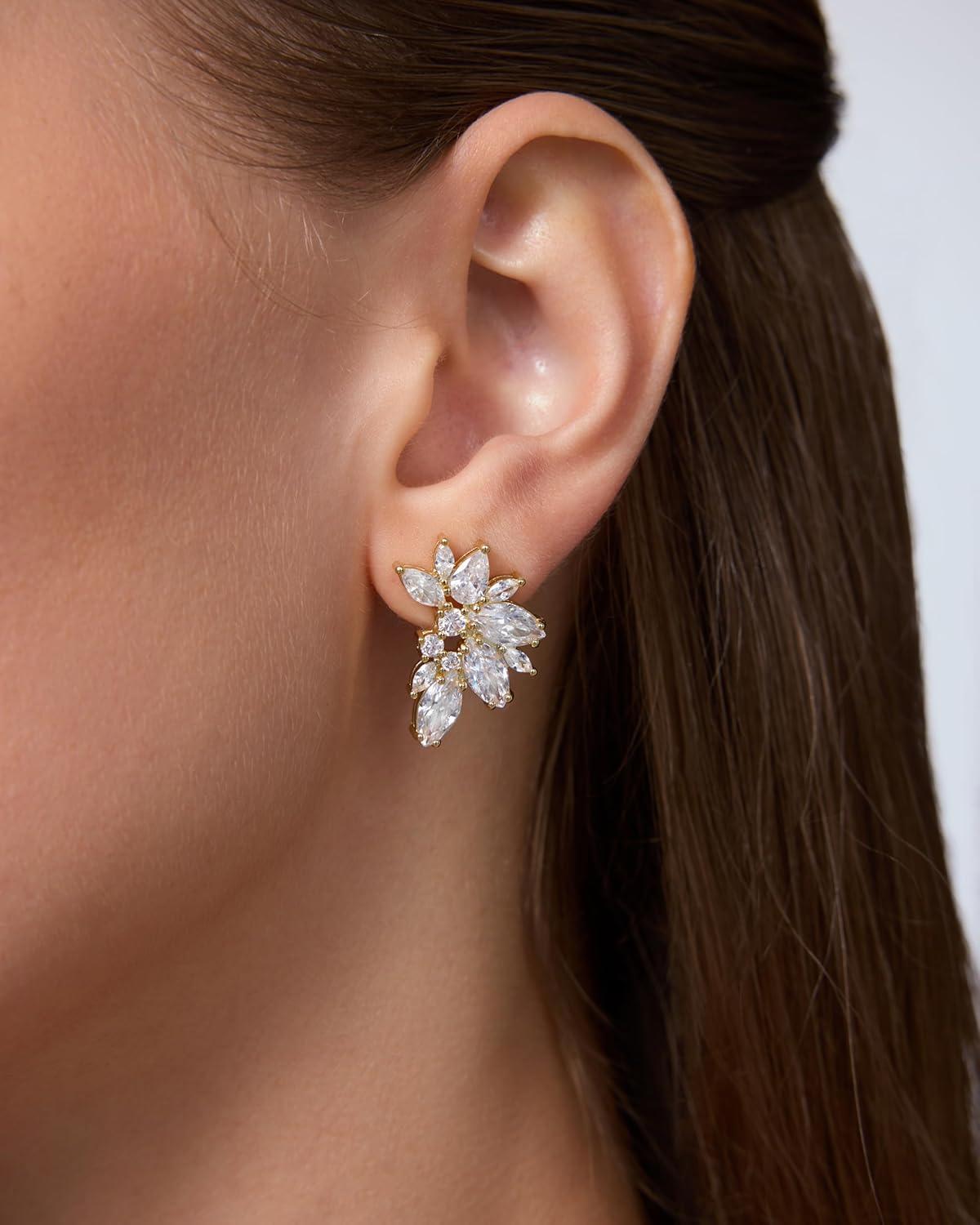 imagePAVOI 14K Gold Plated Cubic Zirconia Stud Earrings for Women 925 Sterling Silver Posts Statement Crystal Cluster Wedding Earrings for Brides ampamp Bridesmaids Trendy CZ Pearl Studs Wedding JewelryWhite Gold