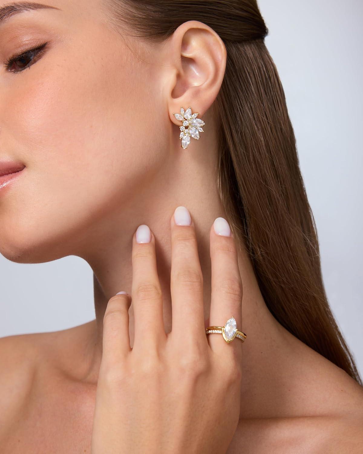 imagePAVOI 14K Gold Plated Cubic Zirconia Stud Earrings for Women 925 Sterling Silver Posts Statement Crystal Cluster Wedding Earrings for Brides ampamp Bridesmaids Trendy CZ Pearl Studs Wedding JewelryWhite Gold