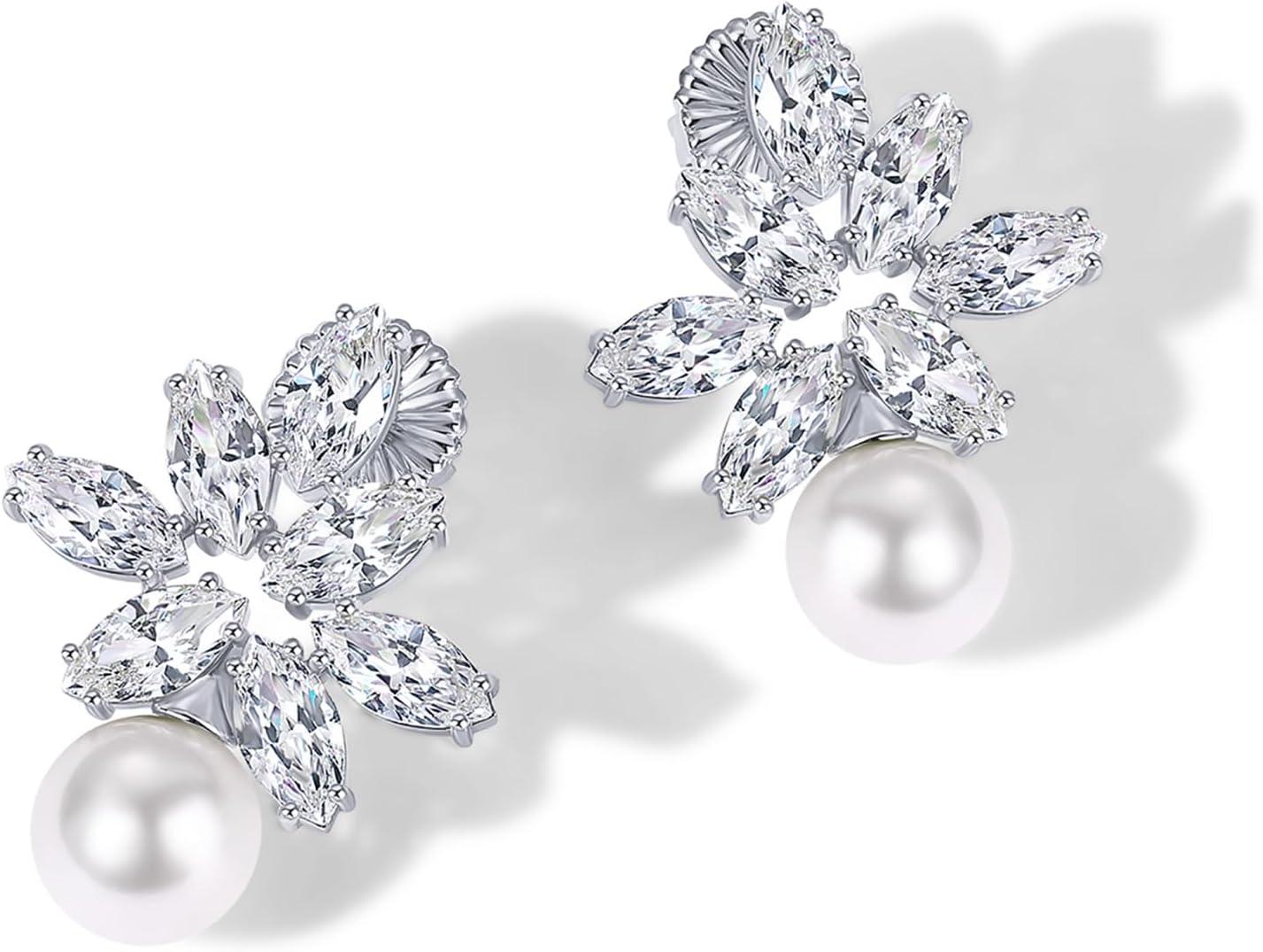 imagePAVOI 14K Gold Plated Cubic Zirconia Stud Earrings for Women 925 Sterling Silver Posts Statement Crystal Cluster Wedding Earrings for Brides ampamp Bridesmaids Trendy CZ Pearl Studs Wedding JewelryWhite Gold