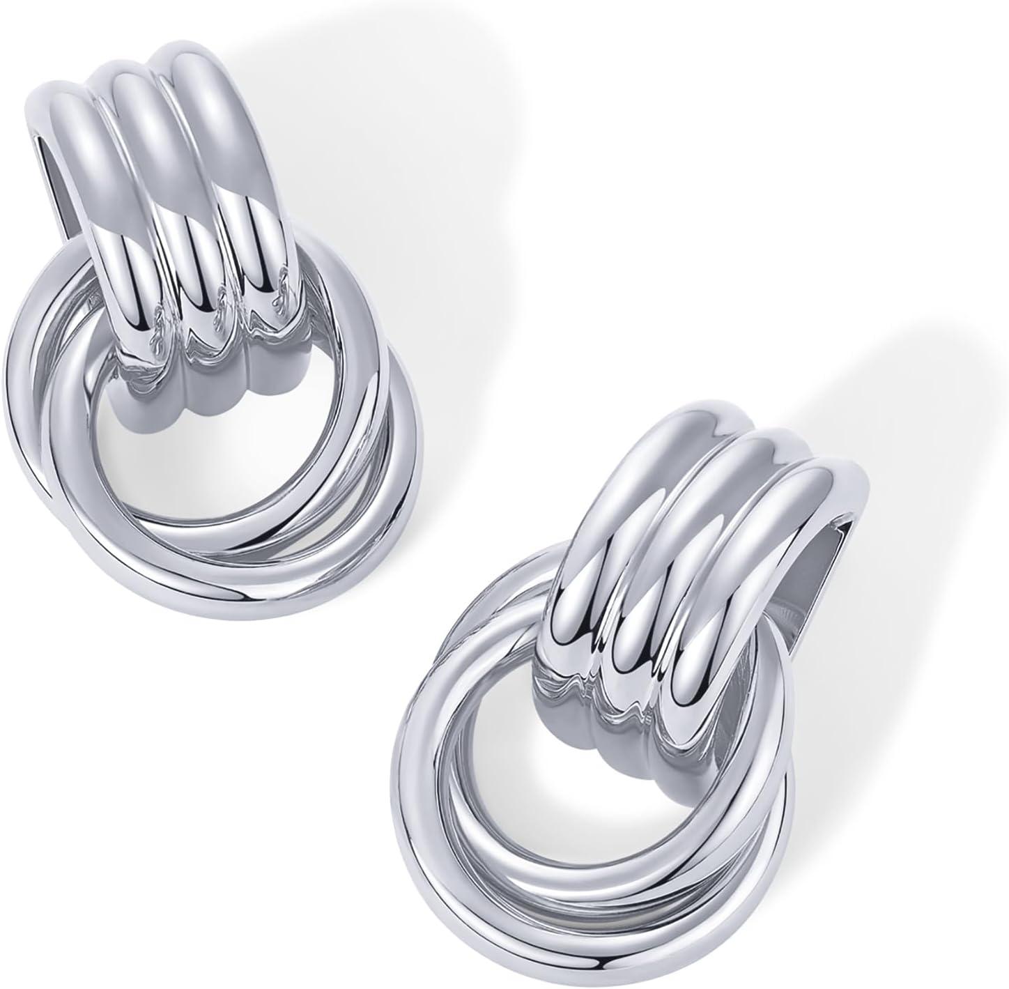 imagePAVOI 14K Gold Plated Door Knocker Statement Earrings for Women Chunky Gold Earrings for Women Trendy Mixed Metals Bold Knot Drop Dangle JewelryWhite Gold