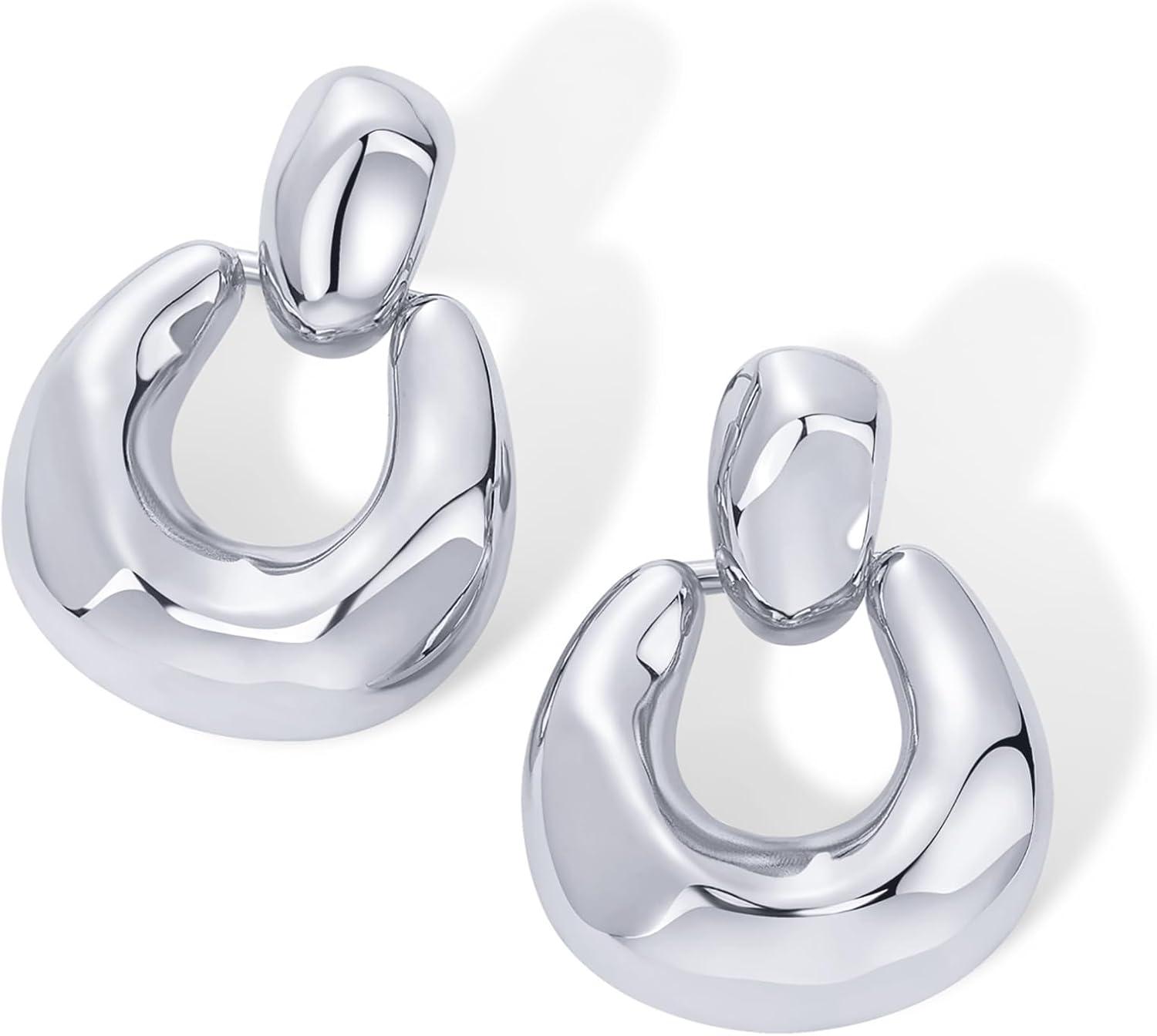 imagePAVOI 14K Gold Plated Door Knocker Statement Earrings for Women Chunky Gold Earrings for Women Trendy Mixed Metals Bold Knot Drop Dangle JewelryWhite Gold