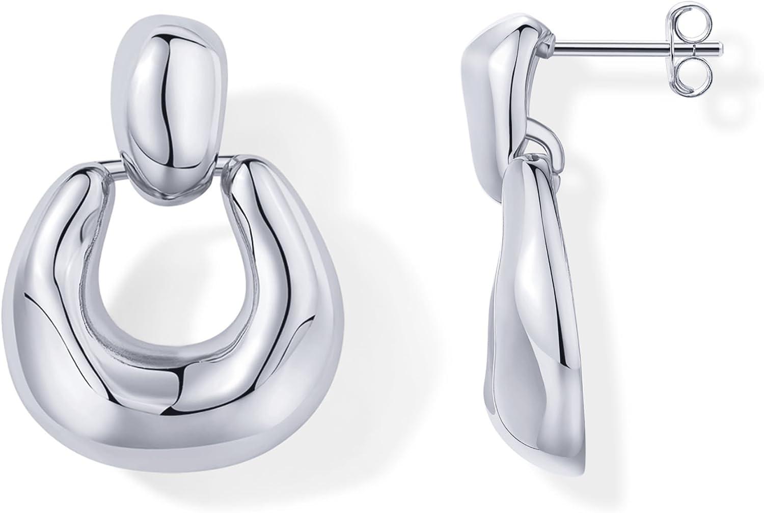 imagePAVOI 14K Gold Plated Door Knocker Statement Earrings for Women Chunky Gold Earrings for Women Trendy Mixed Metals Bold Knot Drop Dangle JewelryWhite Gold