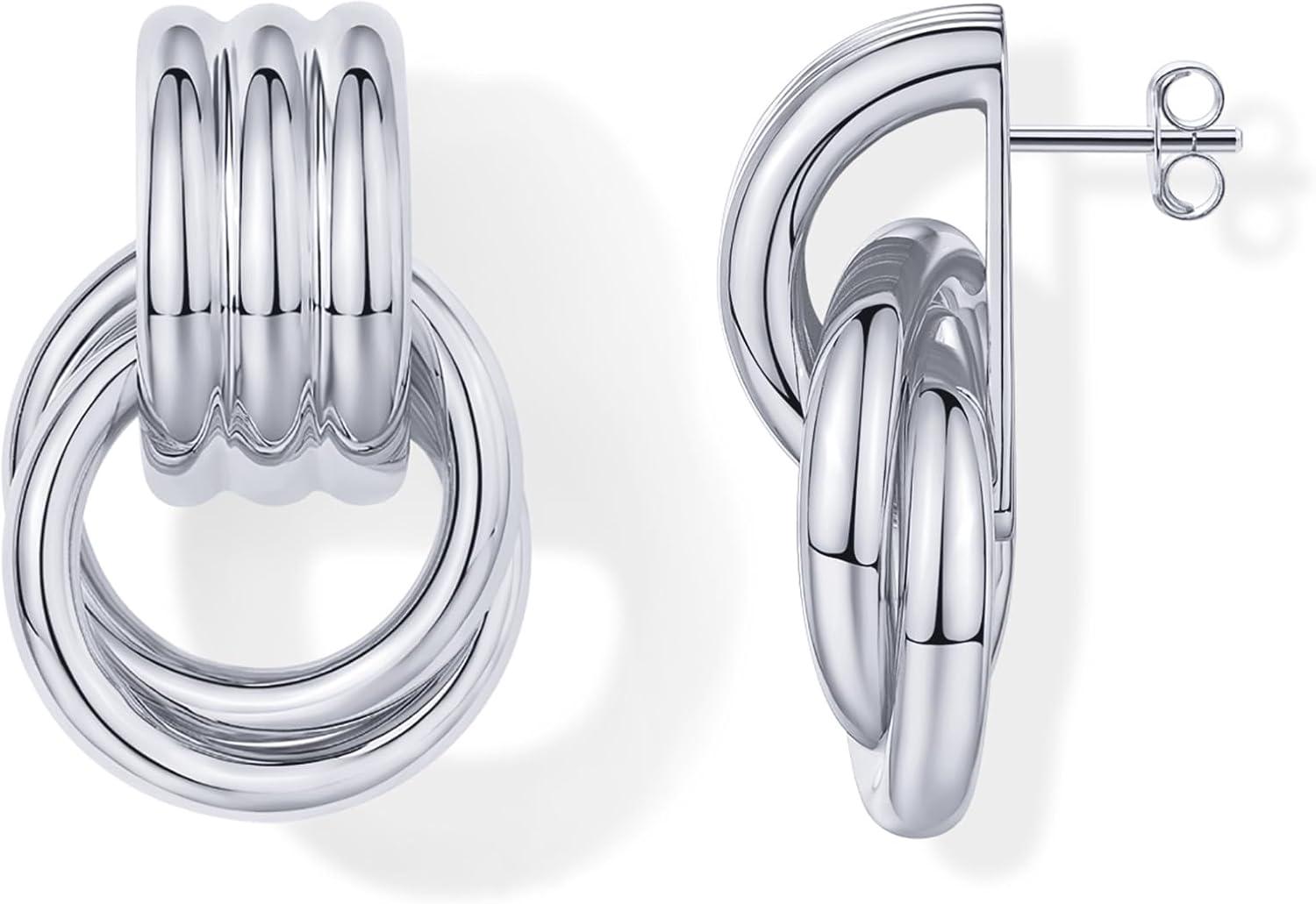 imagePAVOI 14K Gold Plated Door Knocker Statement Earrings for Women Chunky Gold Earrings for Women Trendy Mixed Metals Bold Knot Drop Dangle JewelryWhite Gold