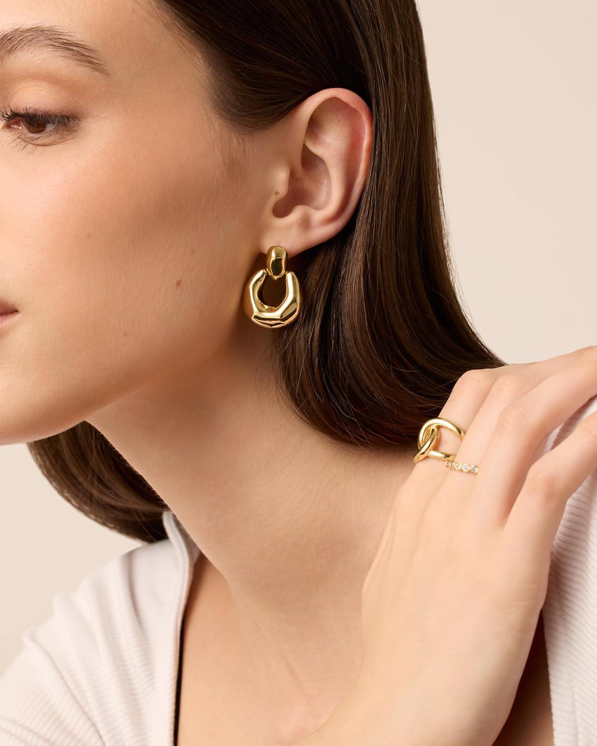 imagePAVOI 14K Gold Plated Door Knocker Statement Earrings for Women Chunky Gold Earrings for Women Trendy Mixed Metals Bold Knot Drop Dangle JewelryWhite Gold