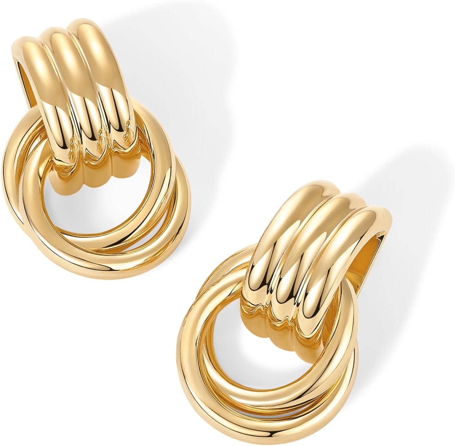 imagePAVOI 14K Gold Plated Door Knocker Statement Earrings for Women Chunky Gold Earrings for Women Trendy Mixed Metals Bold Knot Drop Dangle JewelryYellow Gold