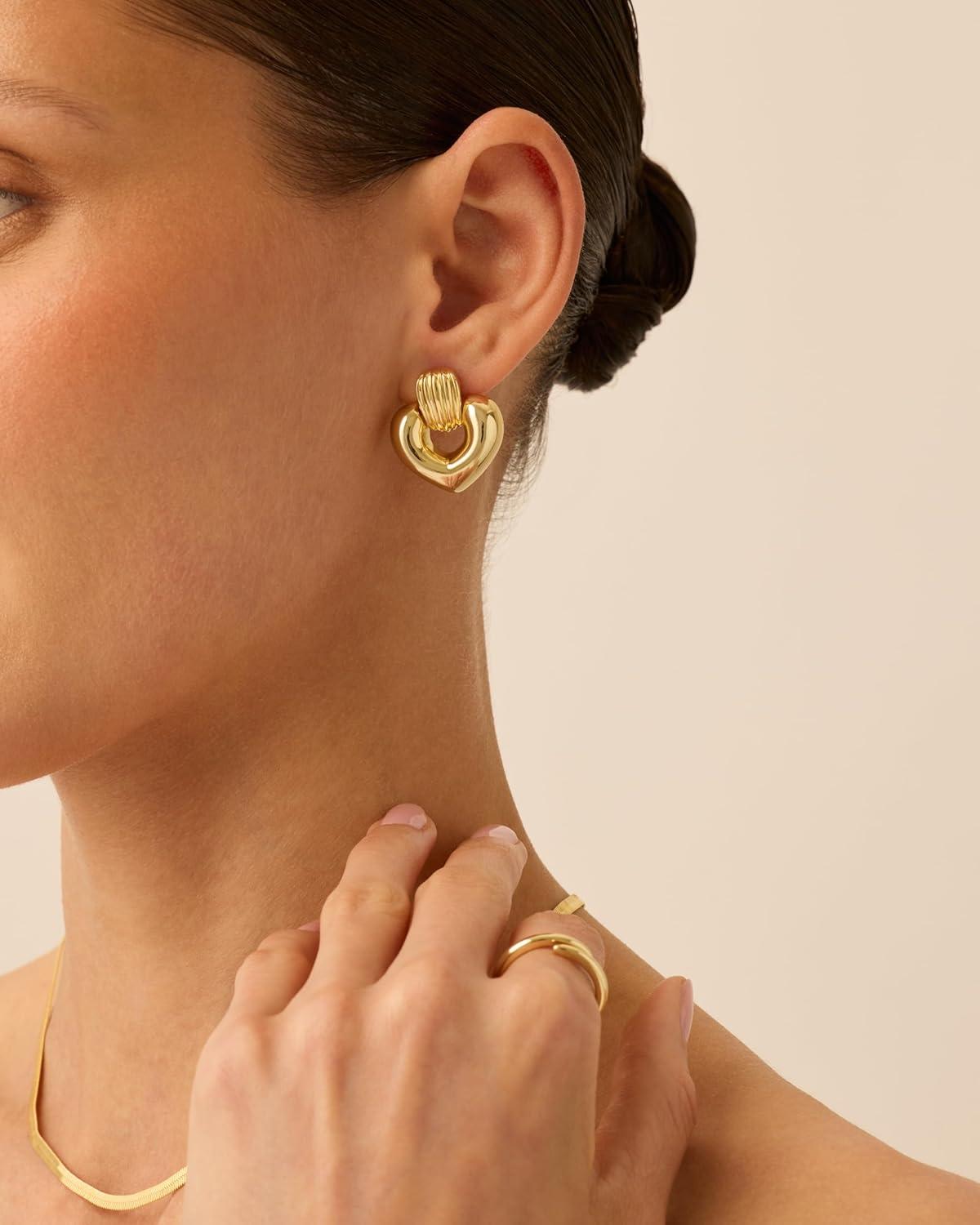 imagePAVOI 14K Gold Plated Door Knocker Statement Earrings for Women Chunky Gold Earrings for Women Trendy Mixed Metals Bold Knot Drop Dangle JewelryYellow Gold