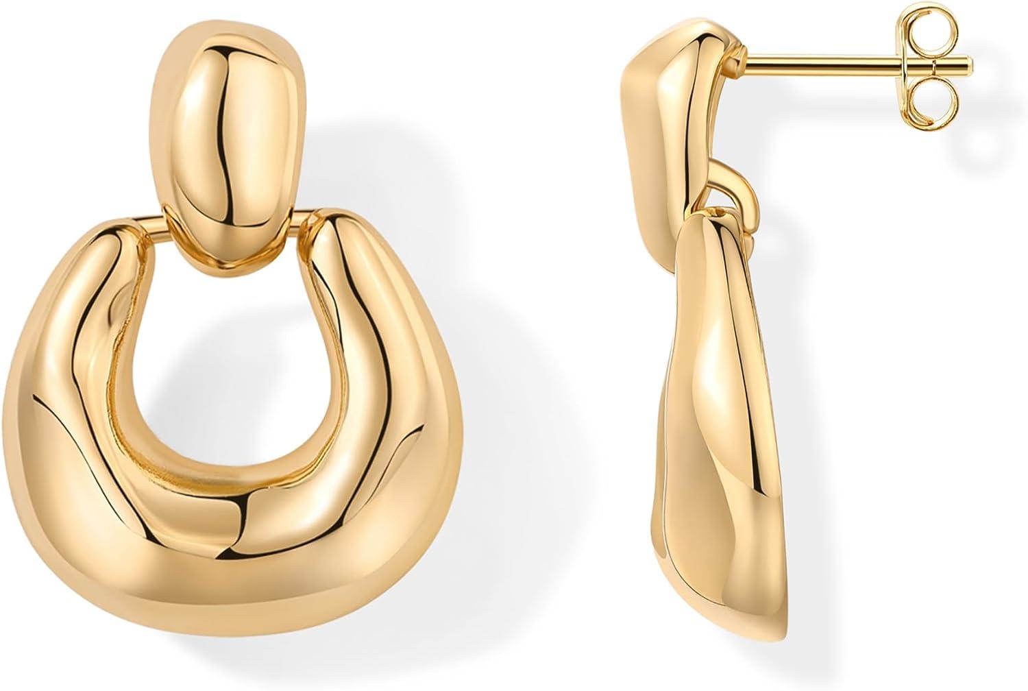 imagePAVOI 14K Gold Plated Door Knocker Statement Earrings for Women Chunky Gold Earrings for Women Trendy Mixed Metals Bold Knot Drop Dangle JewelryYellow Gold