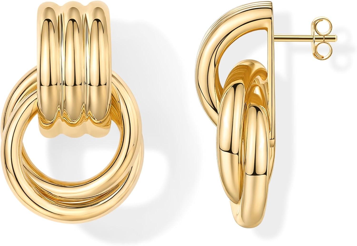 imagePAVOI 14K Gold Plated Door Knocker Statement Earrings for Women Chunky Gold Earrings for Women Trendy Mixed Metals Bold Knot Drop Dangle JewelryYellow Gold