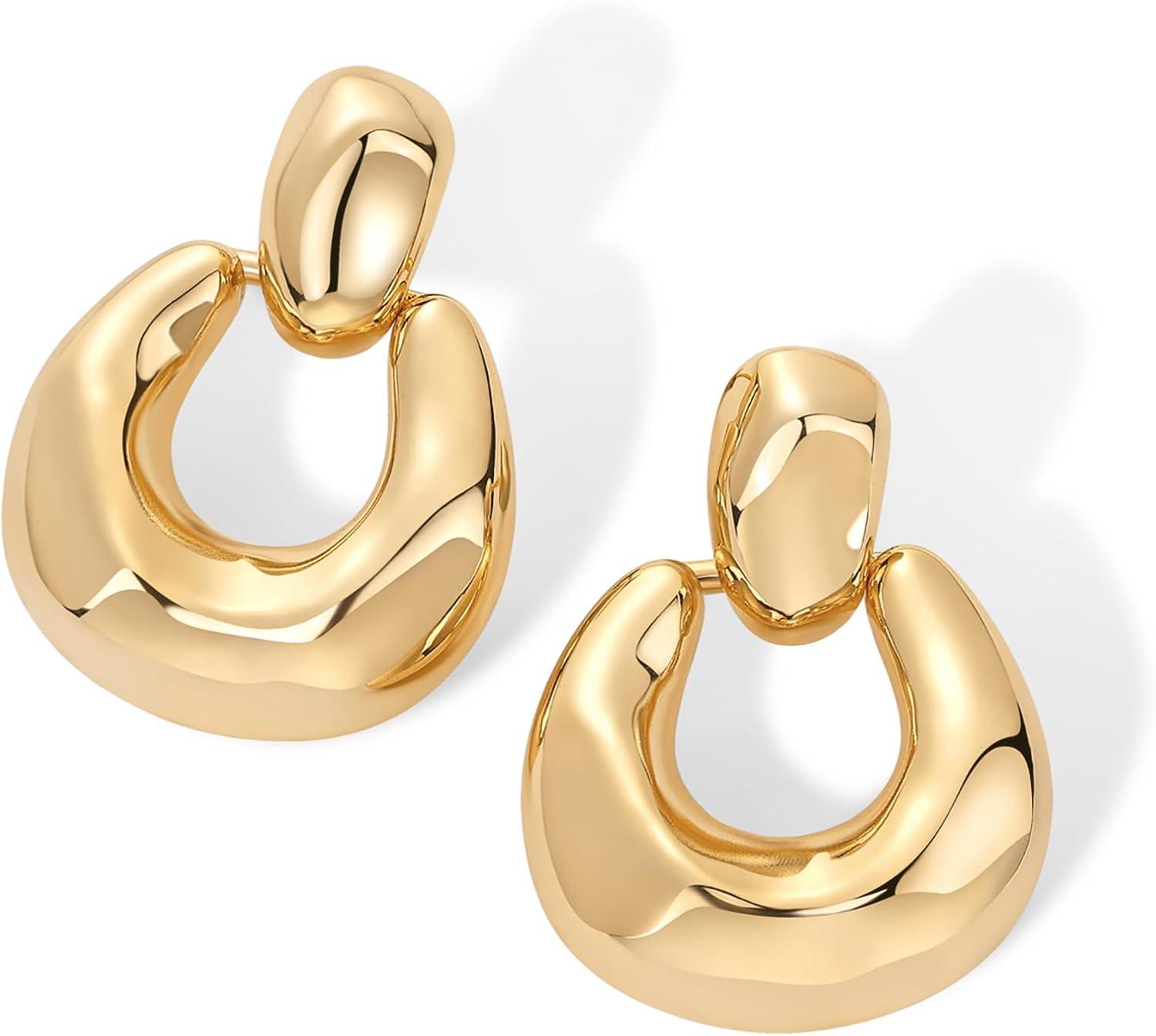 imagePAVOI 14K Gold Plated Door Knocker Statement Earrings for Women Chunky Gold Earrings for Women Trendy Mixed Metals Bold Knot Drop Dangle JewelryYellow Gold