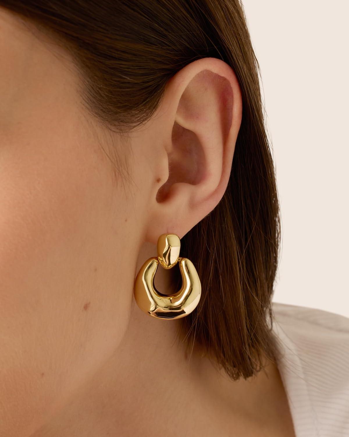 imagePAVOI 14K Gold Plated Door Knocker Statement Earrings for Women Chunky Gold Earrings for Women Trendy Mixed Metals Bold Knot Drop Dangle JewelryYellow Gold