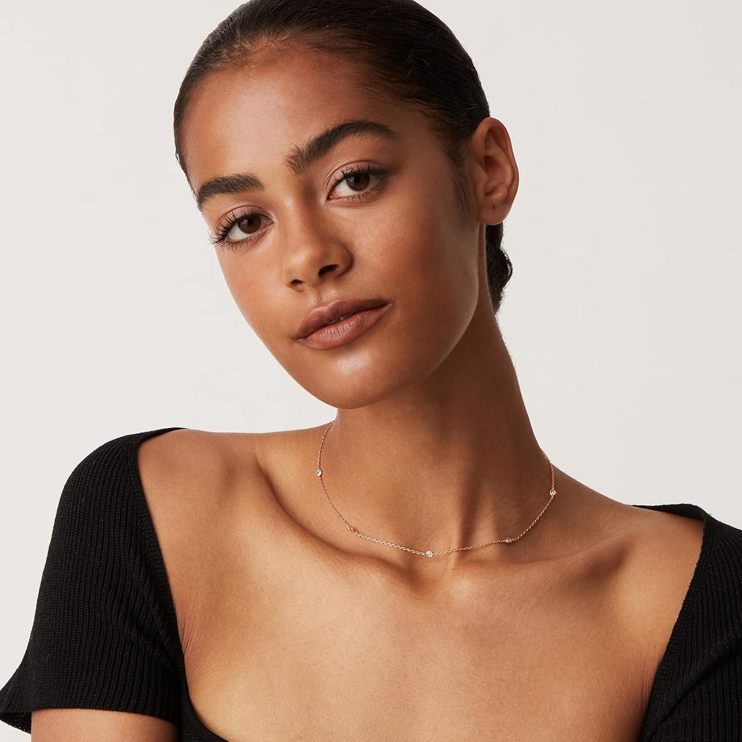 imagePAVOI 14K Gold Plated Station Necklace Simulated Diamond Layering Necklaces Womens CZ ChainRose Gold