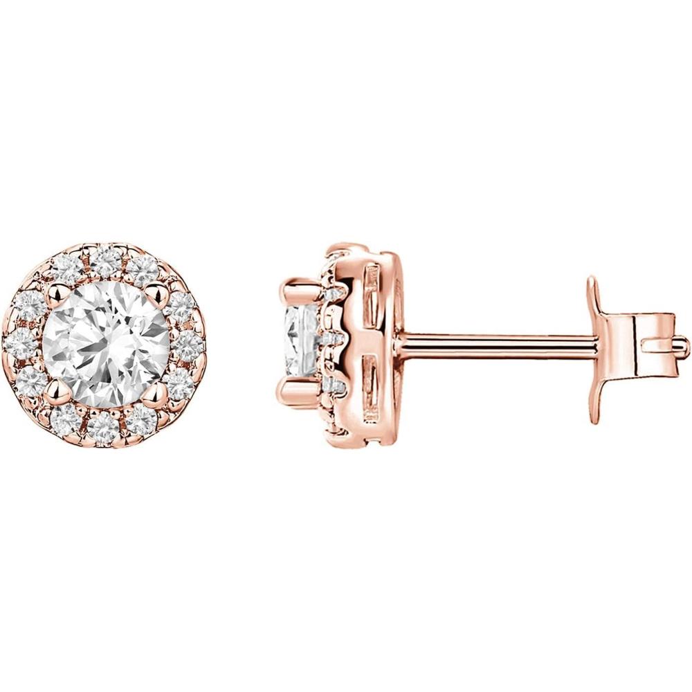 imagePAVOI 14K Gold Plated 925 Sterling Silver Post Brilliant Round Faux Diamond Halo Earrings Premium Cubic Zirconia in Rose White and Yellow GoldRose Gold