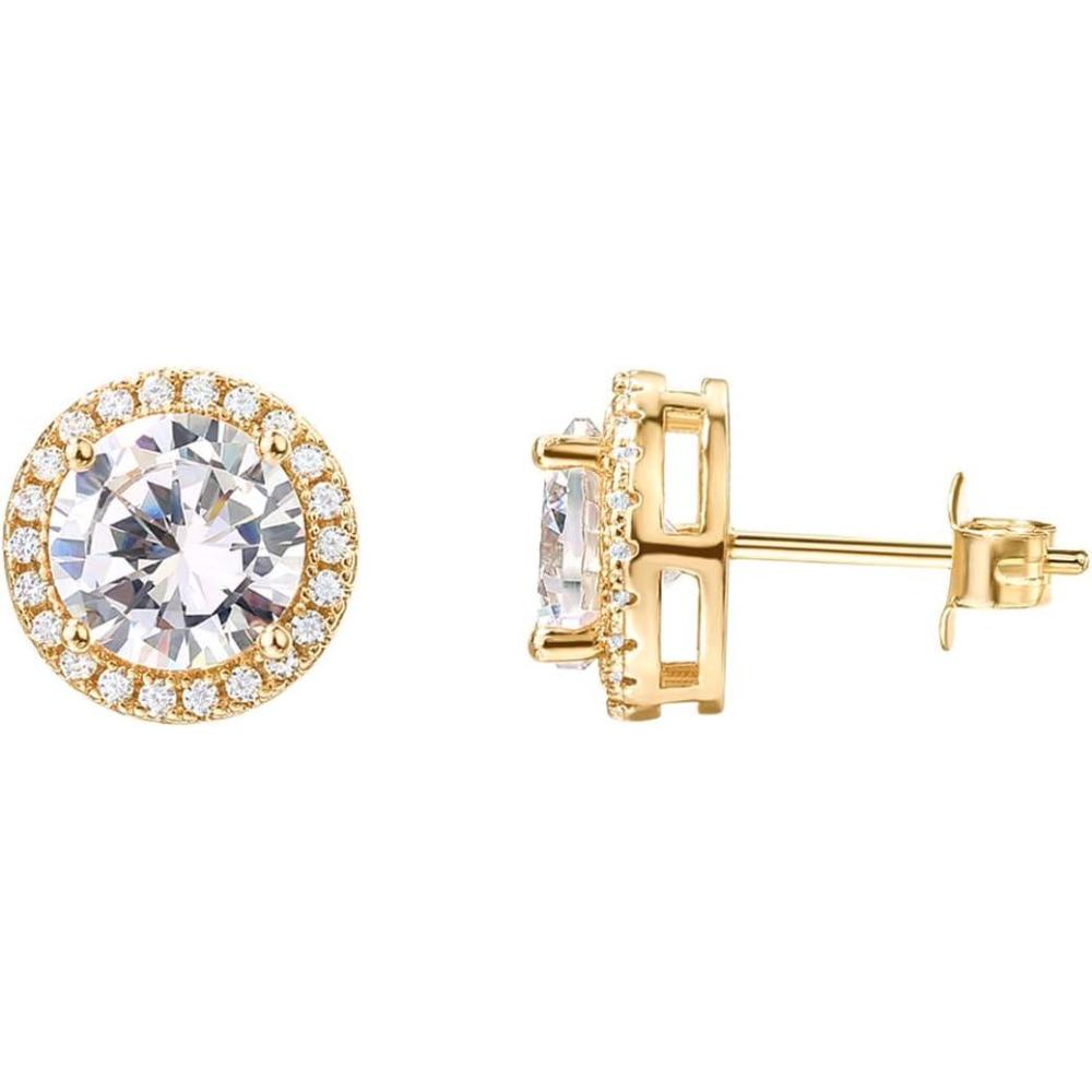 imagePAVOI 14K Gold Plated 925 Sterling Silver Post Brilliant Round Faux Diamond Halo Earrings Premium Cubic Zirconia in Rose White and Yellow GoldVermeil Yellow