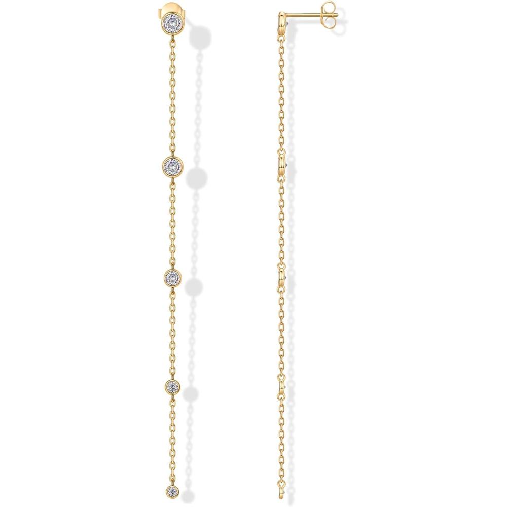 imagePAVOI 14K Gold Plated 925 Sterling Silver Posts Station Linear Dangle Earrings for Women  Simulated Diamond Chain Drop EarringsYellow Gold