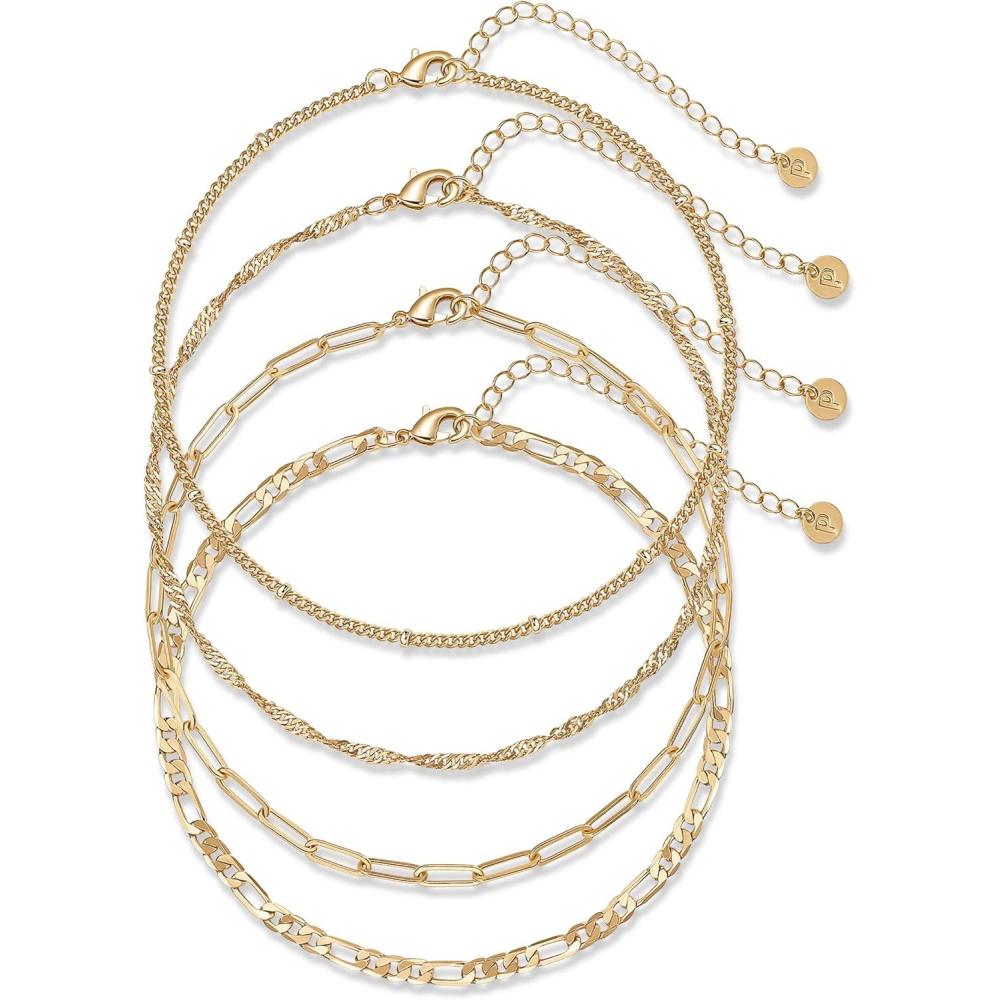 imagePAVOI 14K Gold Plated Chain Anklet Set Lightweight 4Pack Gold Anklets for Women Trendy Summer Four Ankle Bracelets for Women Fashion Rope Figaro Beaded Satellite Paperclip Chain JewelryYellow Gold