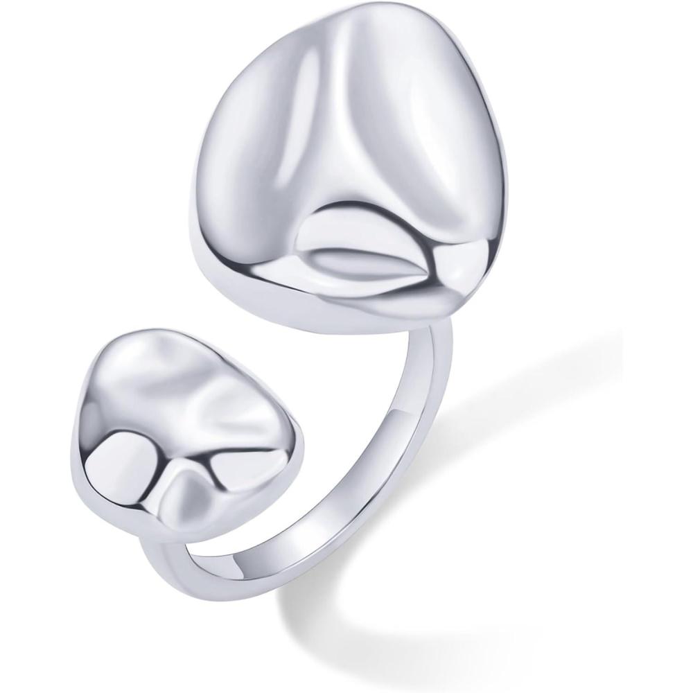 imagePAVOI 14K Gold Plated Chunky Open Statement Rings for Women  Bold Hammered Double Pebble Stackable Ring  Trendy Geometric Organic Fashion Bands JewelryWhite Gold