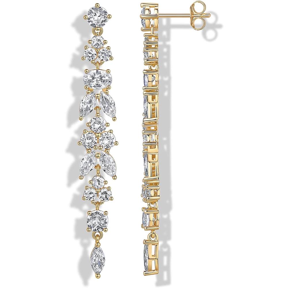 imagePAVOI 14K Gold Plated Cubic Zirconia Dangle Earrings for Women Crystal Long Bridal Drop Earrings Hypoallergenic Simulated Diamond Drop Dangle Wedding Jewelry for Brides and BridesmaidYellow Gold