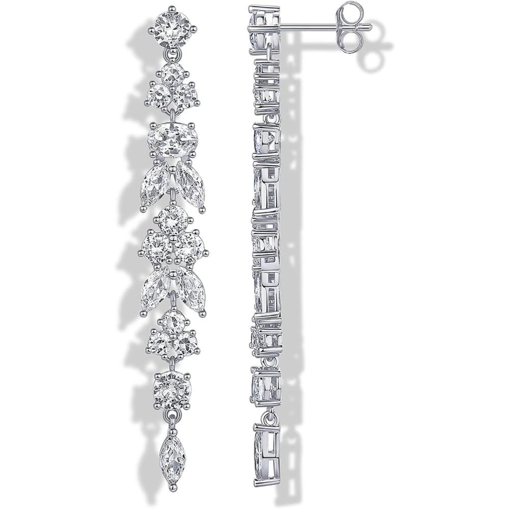 imagePAVOI 14K Gold Plated Cubic Zirconia Dangle Earrings for Women Crystal Long Bridal Drop Earrings Hypoallergenic Simulated Diamond Drop Dangle Wedding Jewelry for Brides and BridesmaidWhite Gold