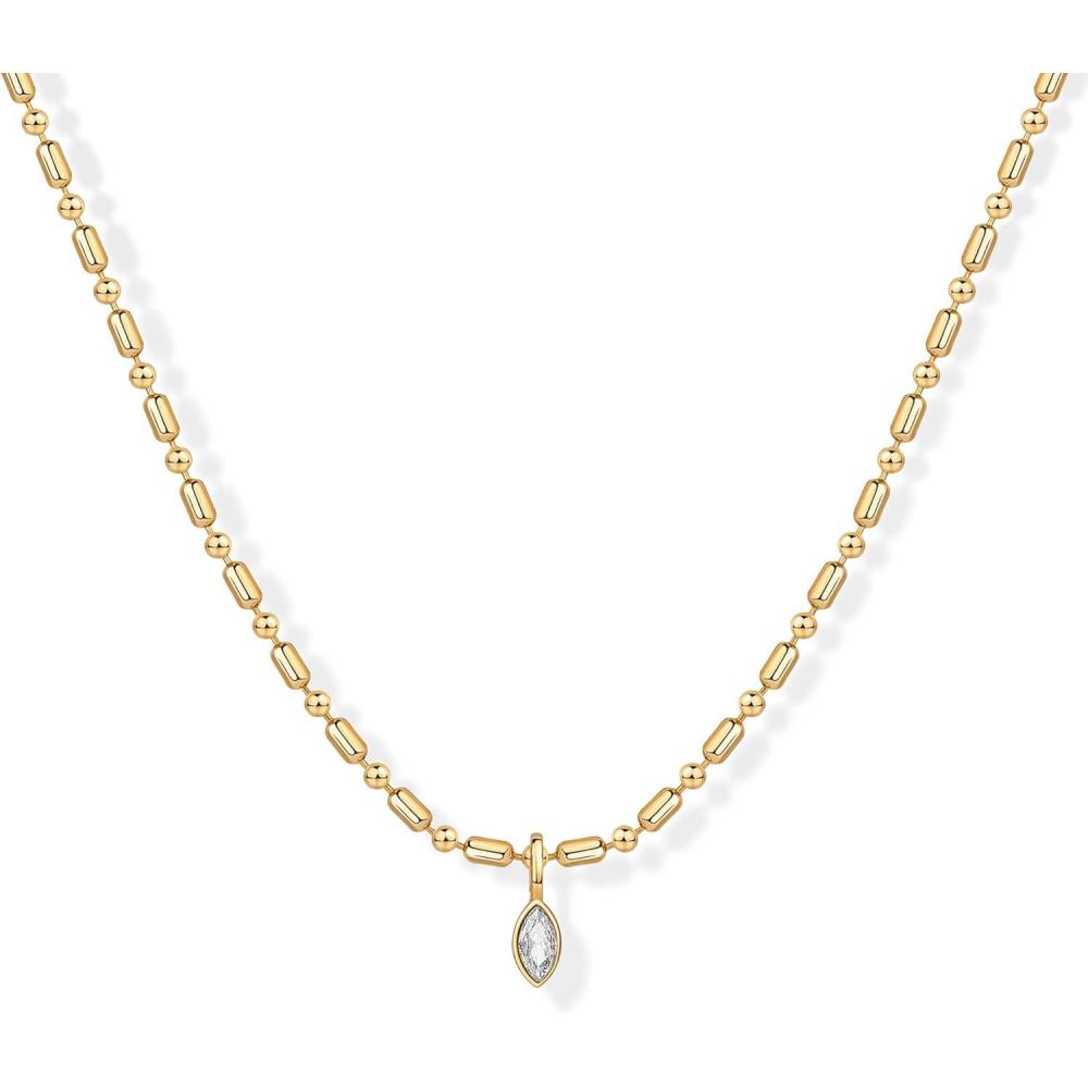 imagePAVOI 14K Gold Plated Dainty Tube Ball Square Beaded Chain Bezel Set Solitaire Pendant Necklace for Women  Round Princess Marquise Cubic Zirconia Statement NecklaceYellow Gold