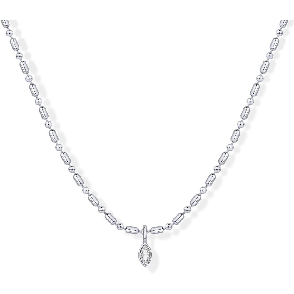 imagePAVOI 14K Gold Plated Dainty Tube Ball Square Beaded Chain Bezel Set Solitaire Pendant Necklace for Women  Round Princess Marquise Cubic Zirconia Statement NecklaceWhite Gold