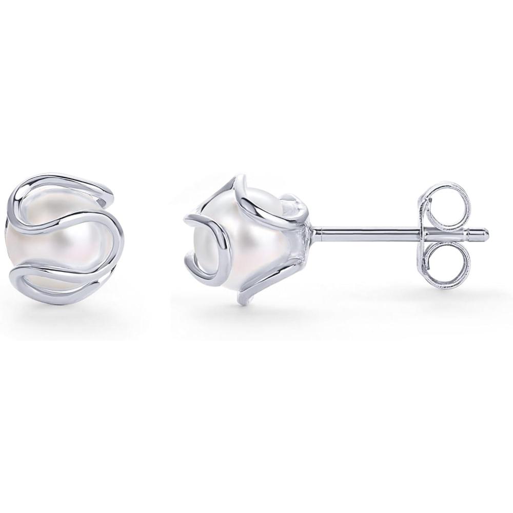 imagePAVOI 14K Gold Plated Round Caged Small Pearl Stud Earrings  Trendy Gold Pearl Earrings for Women  Hypoallergenic Classic Bride JewelryWhite Gold