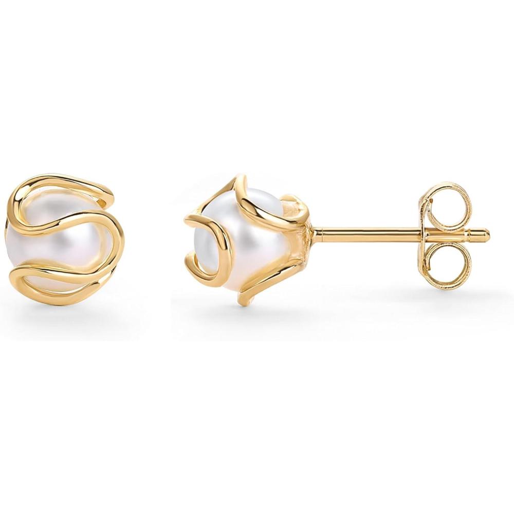 imagePAVOI 14K Gold Plated Round Caged Small Pearl Stud Earrings  Trendy Gold Pearl Earrings for Women  Hypoallergenic Classic Bride JewelryYellow Gold